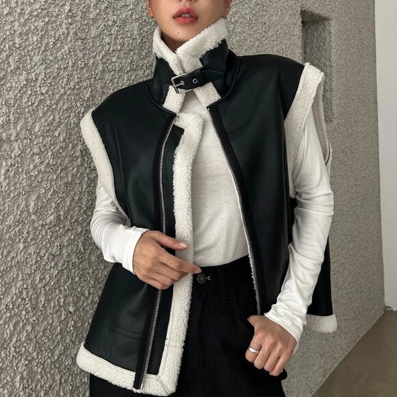 Black And White Boho Womens Contrast Trim Zip Up PU Vest Coat - Picture 2 of 6